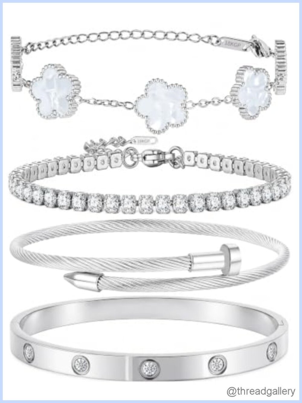 Silver Bracelet Set for Women 4Pcs Stackable Bangle Flower Tennis Cable Non